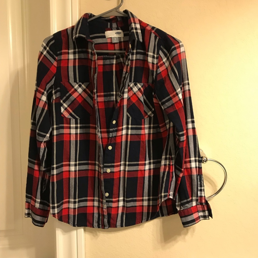 Flannel like button down navy plaid shirt